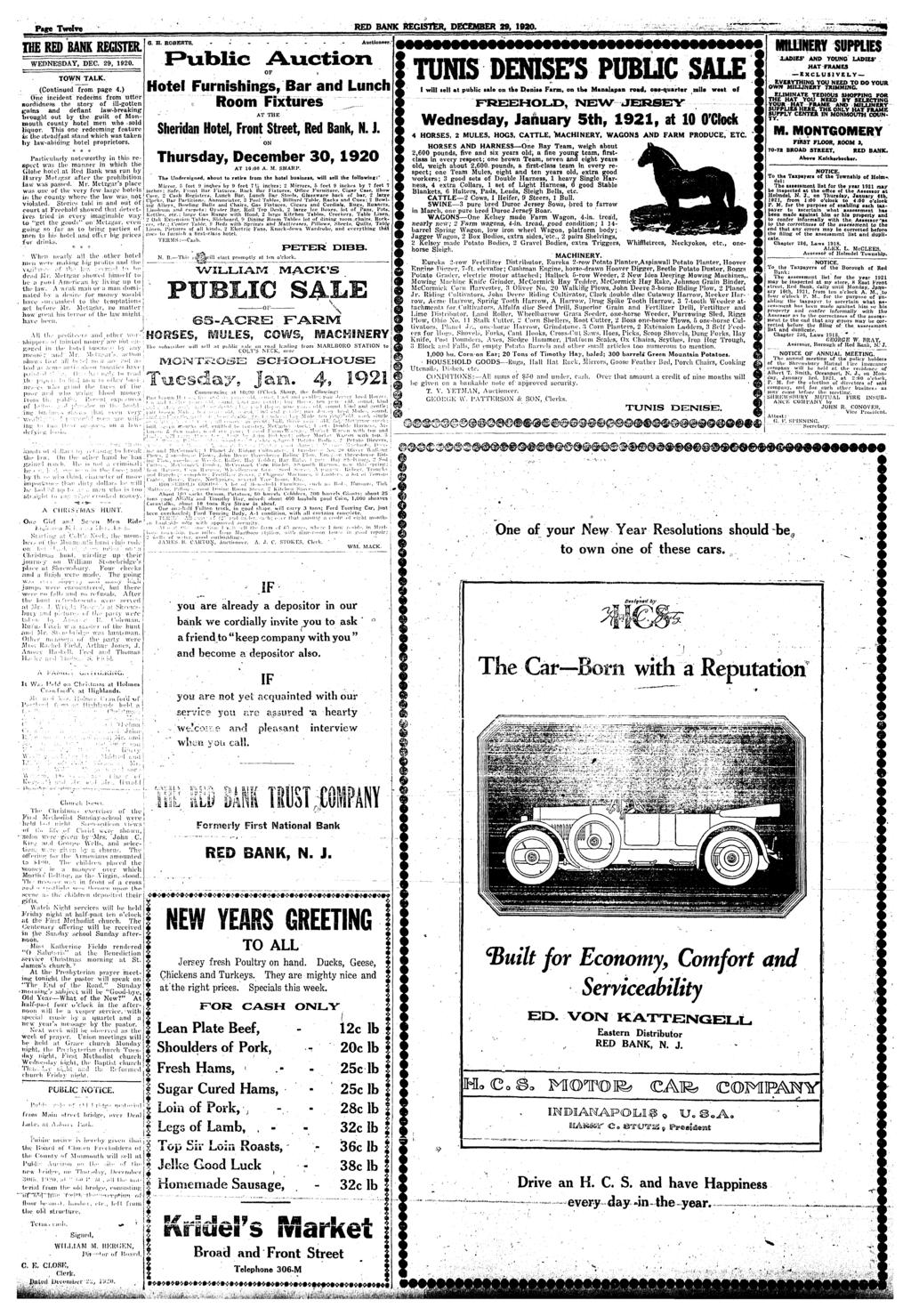 ; Pure Twelve RED BANK REGSTER, DECEMBER 29, 1920. THE RED BANK REGSTER. WEDNESDAY, DEC. 29, 1920. TOWN TALK. (Connued from page 4.
