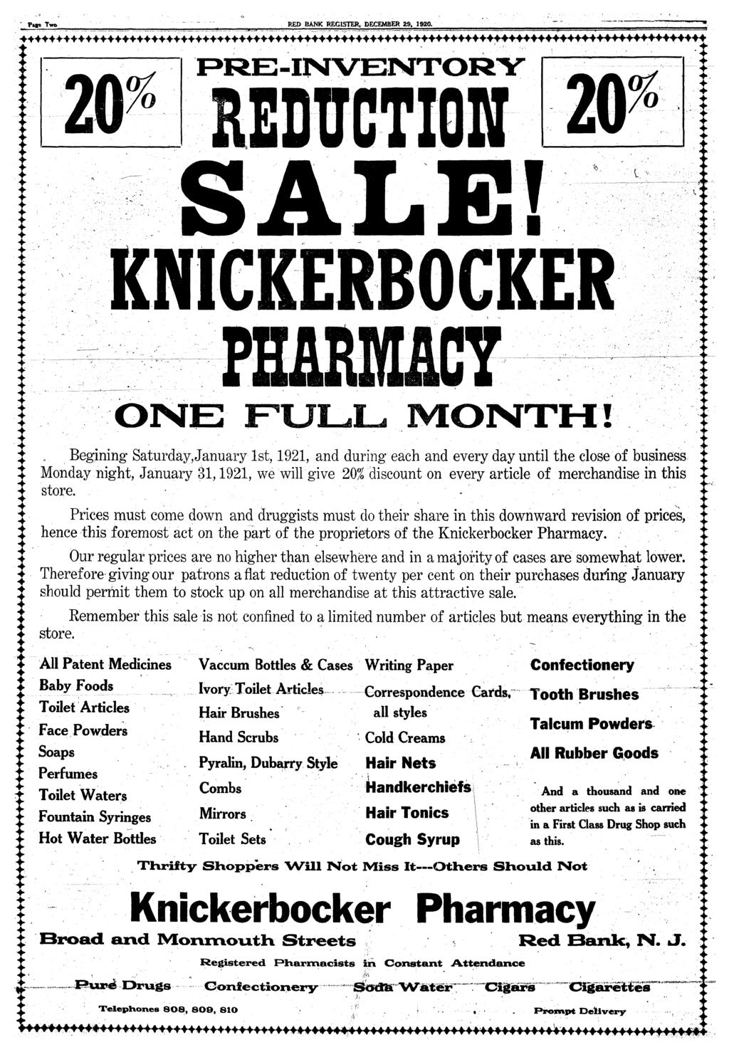 TW RED BANK REGSTER, DECEMBER 29, 1920. PRE-NVENTORY UCTON» *>+ KNCKERBOCKER ONE FULL MONTH! 4.