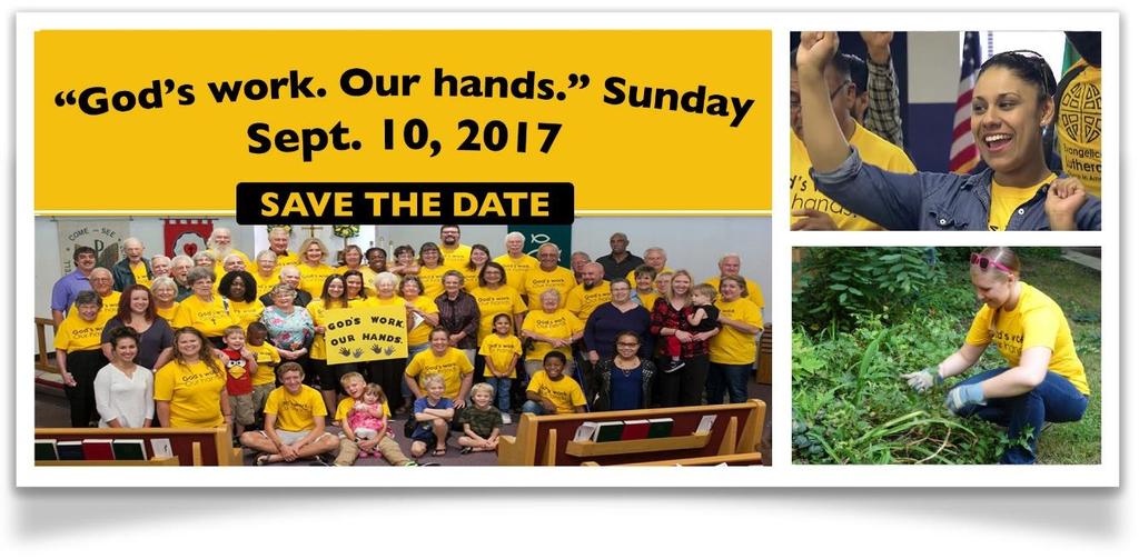 Dear colleagues in ministry, Please save the date Sunday, Sept. 10, when congregations of the Evangelical Lutheran Church in America will again have the opportunity to gather together for God s work.