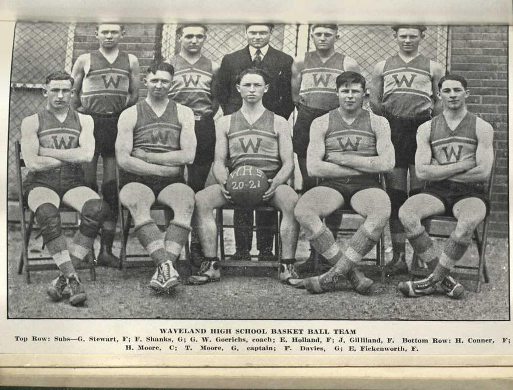 WAVELAND HIGH SCHOOL BASKET BALL TEAM Top Row: Subs G. Stewart, F; F. Shanks, 0; G. W. Goerichs, coach; E.
