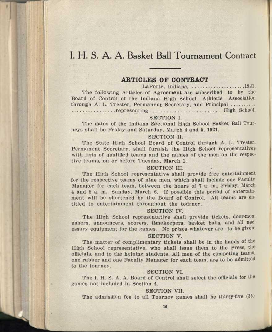 I. H. S. A. A. Basket Ball Tournament Contract ARTICLES OF CONTRACT LaPorte, Indiana, 1921.