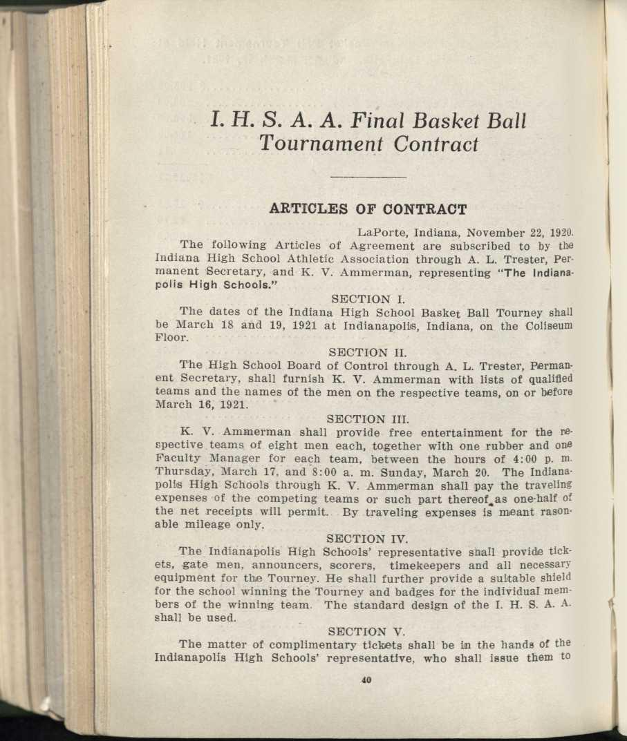 I. H. S. A. A. Final Basket Ball Tournament Contract ARTICLES OF CONTRACT LaPorte, Indiana, November 22, 1920.