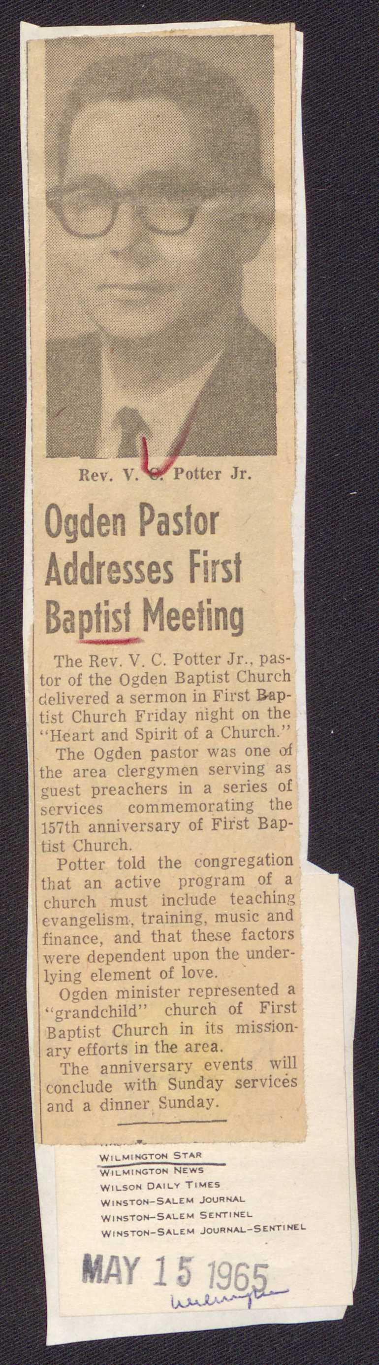 1 Ogden Pastor Addresses First Ba tist Meeting The Rev. V. C. Potter Jr.
