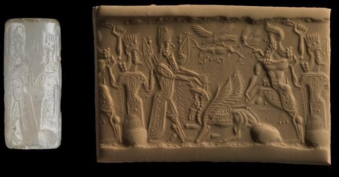 Gilgamesh (on the left) and Enkidu (on the right) killing the Bull of Heaven as Ishtar (far left and far