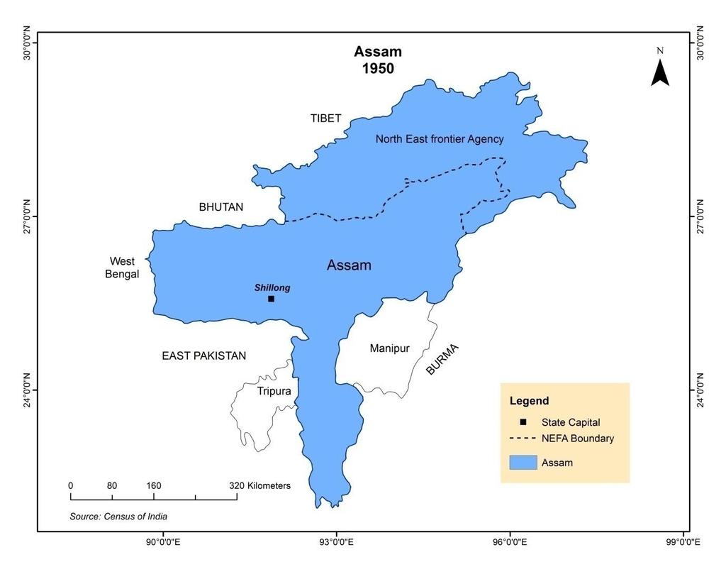 Map 2.2: Assam, 1950 During colonial times, the whole of North East, except the princely states of Manipur and Tripura were a part of a multi-ethnic and multi-cultural Assam province (see Map 2.2).