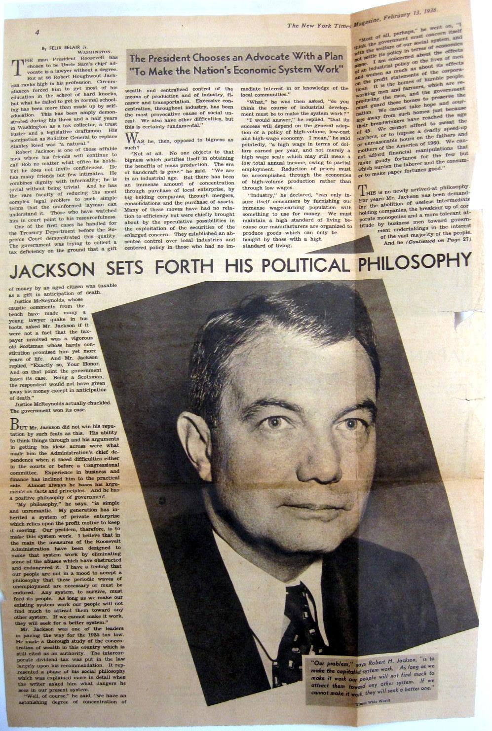 The writer, Felix J. Belair, Jr., was The Times s chief White House correspondent. Belair had interviewed Jackson for the article it contains extensive quotations from him, plus two photographs.