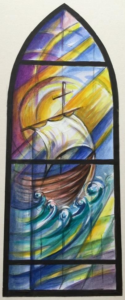 The other window on the wall behind the sanctuary on the west side of the St. Francis Xavier window depicts his travels over the oceans to evangelize the far east.