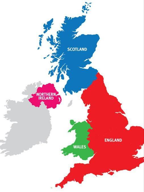 About the size of Oregon with 4 separate regions: Northern Ireland, Scotland,