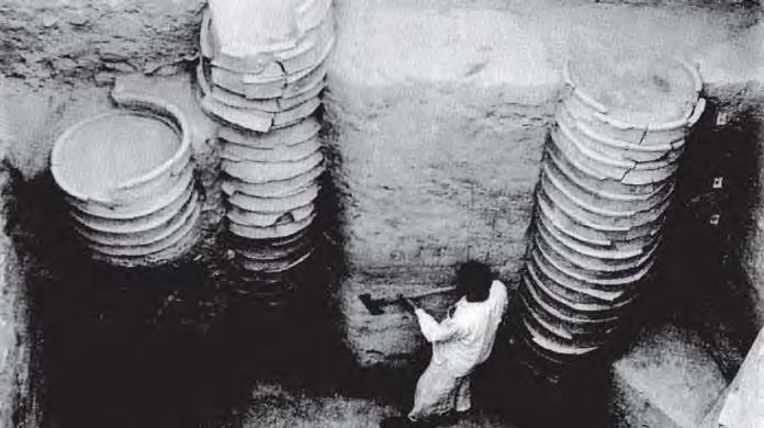 These are known as ring wells. These seem to have been used as toilets in some cases, and as drains and garbage dumps. These ring wells are usually found in individual houses.