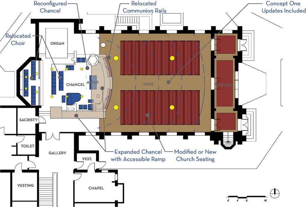 Nave Updated Hearing Loop System New mixed flooring at Nave and Narthex Concept Two Wider Center Isle Modified Pew