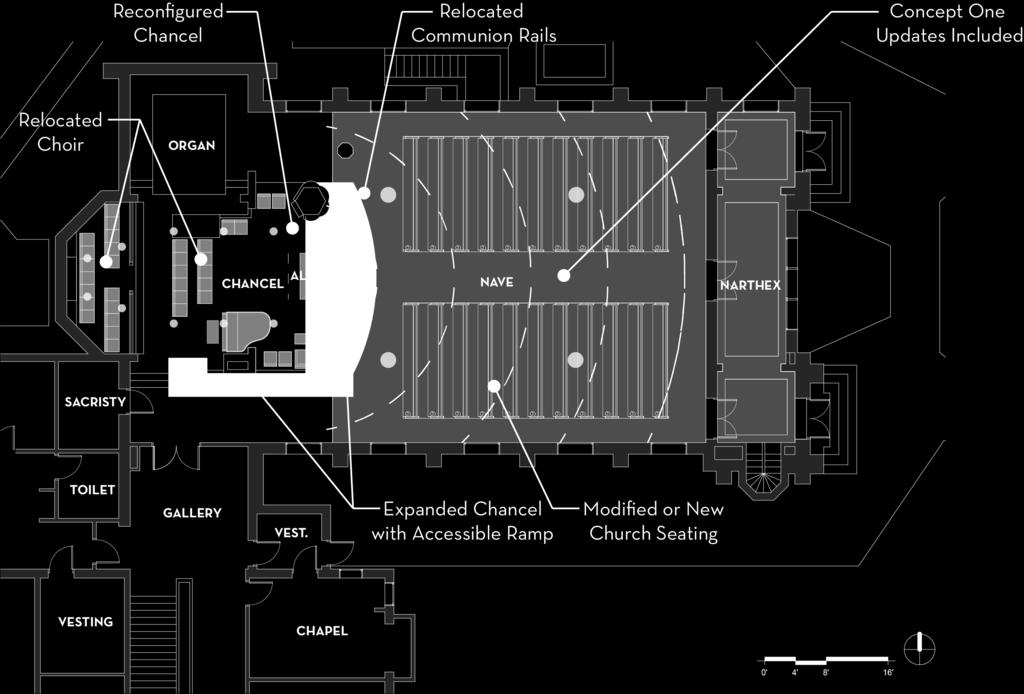 Rails Relocated Choir Chancel remains at 3 steps above Nave Seating Concept One Approximate Estimate$ Concept Two