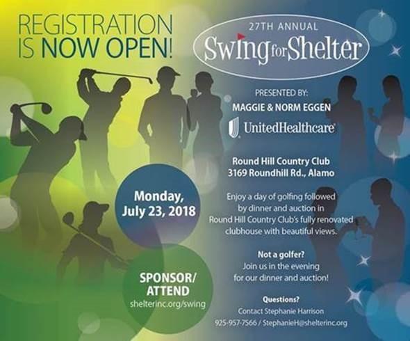 You are invited to the 27 th Annual Swing for SHELTER INC. golf tournament and dinner on Monday, July 23 rd at Round Hill Country Club.