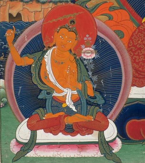 Manjushri (5) detail from The bodhisattva Avalokiteshvara, 1800 1900.Tibet. Thangka; colors on cotton. Courtesy of the Asian Art Museum, Gift of the Friends of Richard Davis, 1988.34.