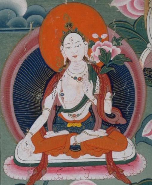In the lower left of the painting sits Manjushri (5), the God of Supreme Wisdom. He holds the Book of Wisdom and the flaming sword that cuts the roots of ignorance, and severs the sprouts of misery.