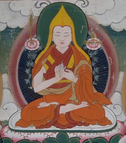 Tsongkhapa (6) detail from The bodhisattva Avalokiteshvara, 1800 1900. Tibet. Thangka; colors on cotton. Courtesy of the Asian Art Museum, Gift of the Friends of Richard Davis, 1988.34.