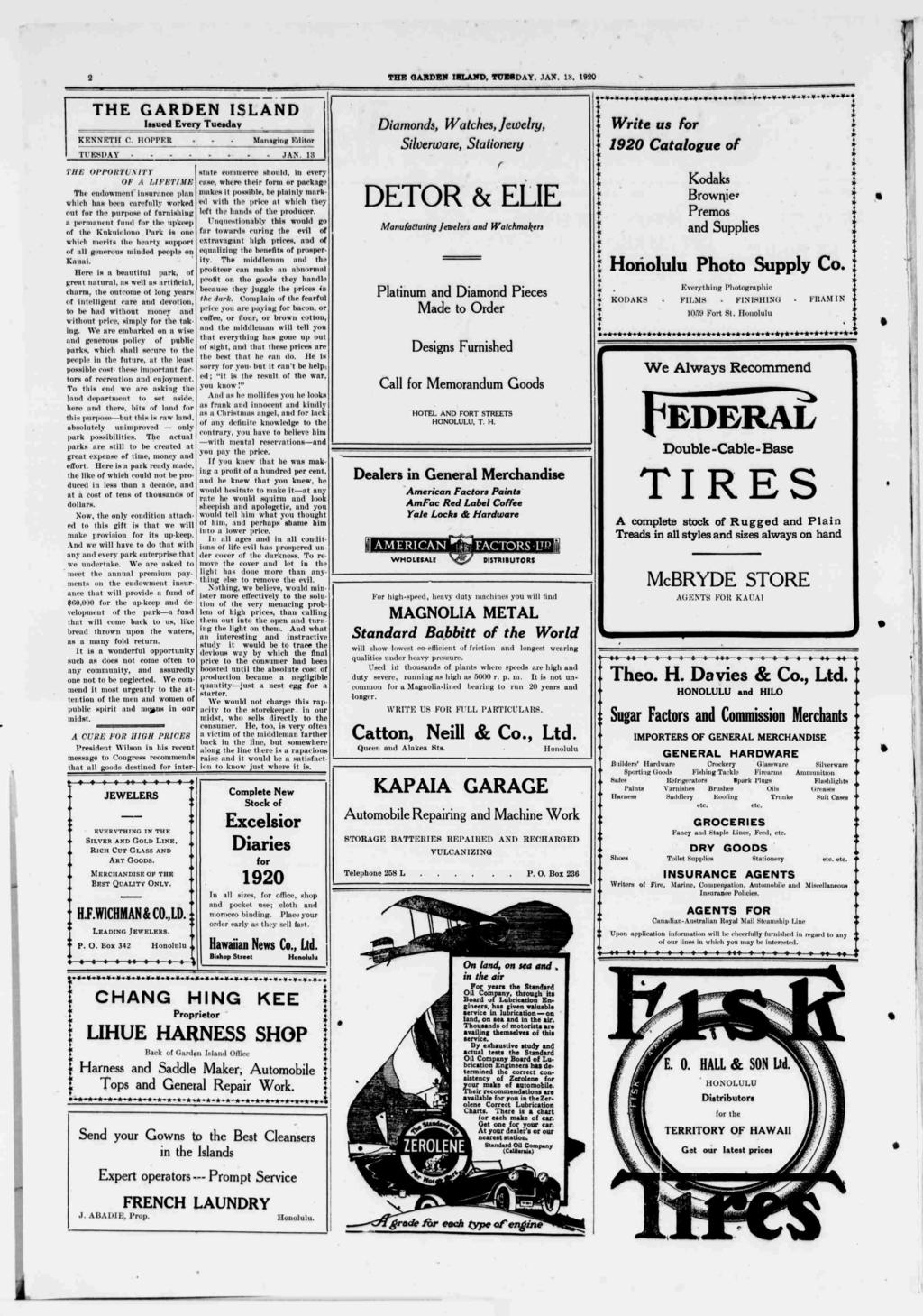 THE GARDEN SLAND, TUESDAY. AN. 18. 1920! THE GARDEN ssued Every Tuesday SLAND KENNETH C. HOPPER Managng Edor TUESDAY AN.