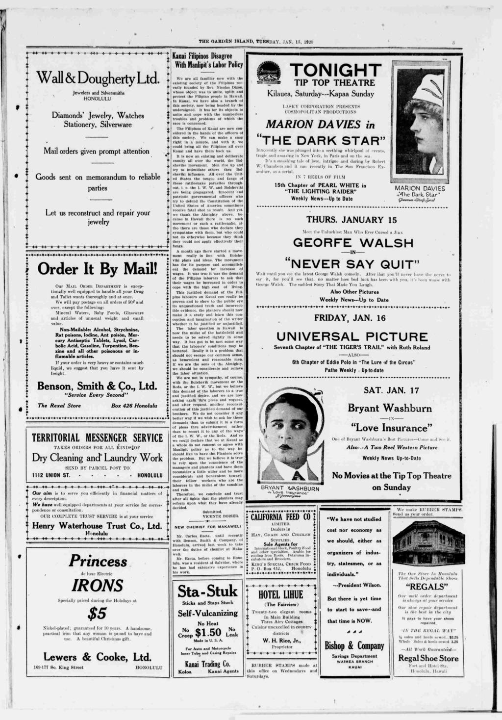 THE GARDEN SLAND, TUESDAY, AN. 13, 1920 Wall & Doughery Ld.