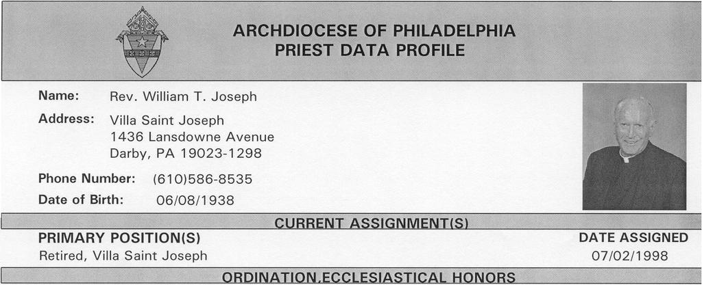 Status: Retired, Diocesan Date of Ordination: OS/21/1966 Ordaining Bishop: John Cardinal Krol Seminary /C ollege/u niversity Academic Held: St.