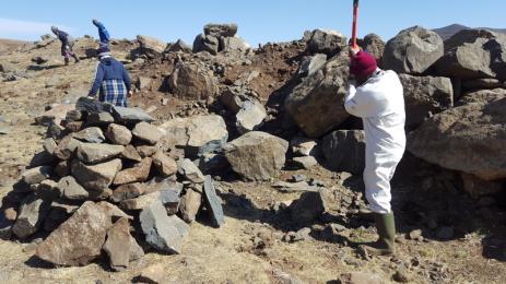 In preparation for the construction we have launched a stone collection project employing more than 20 people from various villages to brake rocks from the mountains and to transport it to the