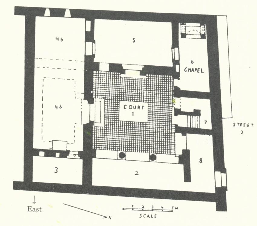 (from The Synagogue: Studies in Origins, Archaeology, and Architecture ) Legend: 1-courtyard 2-place of assembly with Torah shrine 3-entrance passageway 4,5,6-residence (?) 7-?