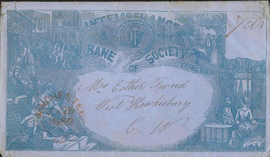 3 pence postage due for letter rate during Pence period (April 6, 1851 June 30, 1859). J. Welch design on blue paper without vendor imprint.