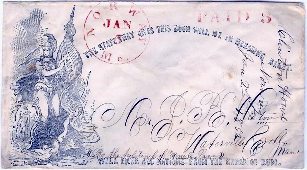 Temperance Envelopes Maine Law 1850s January 5, 1852. Norway, ME.