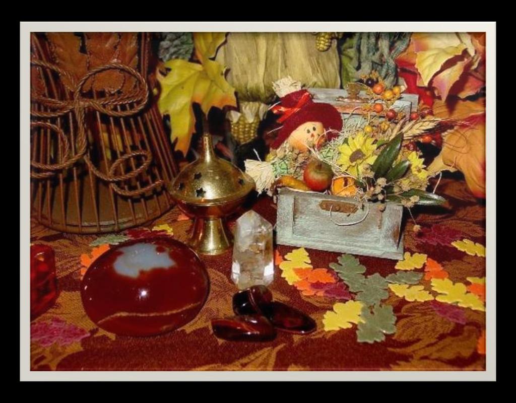 This altar & sacred space represents the Sabbat of Lughnasadh or Lammas which is the first harvest festival of the year celebrated on August 1 st in the Northern Hemisphere.