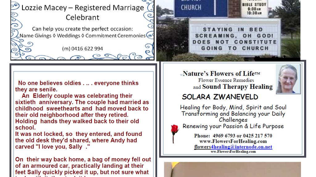 Church classifieds When a vacancy occurs, you may advertise your product or service on this page for six months for a free will offering of $50.00.