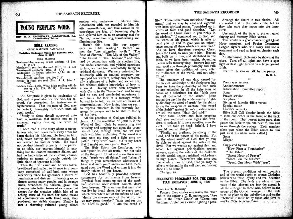'YOUNG PEOPLE'S WORK,.-v. R. R. THORNGATlD,8ALlDJilVILLB. PA. Contrlbutlnc lddltor BIBLE READING OLIVE WARDNER CAMPAGNA C... E.deavor Tople for Sabb!ltla Da7".r.. e I, 1820 DAILY.