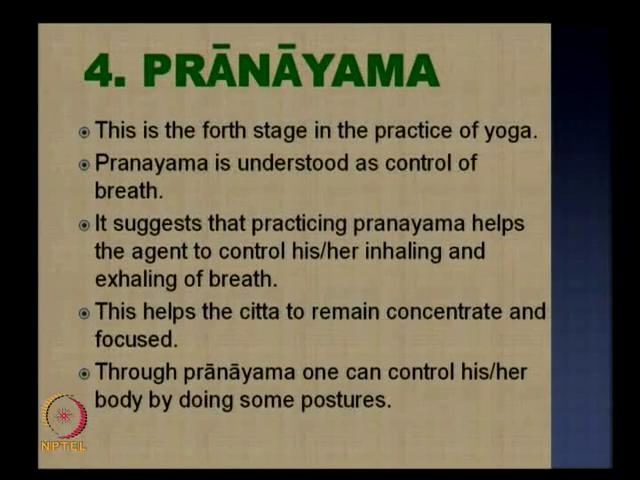 (Refer Slide Time: 33:22) Now, proceeding further, there is a fourth fold of yoga known as pranayama, now in case of pranayama you find the fourth stage and one should practice this pranayama as a