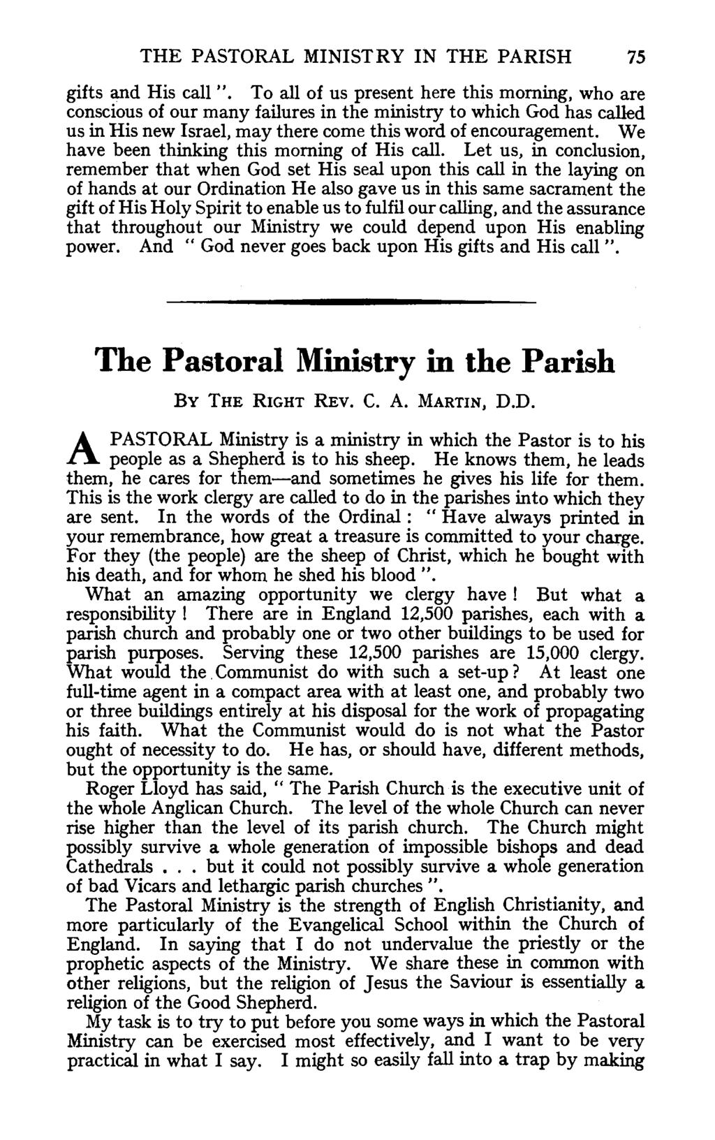 THE PASTORAL MINISTRY IN THE PARISH 75 gifts and His call".