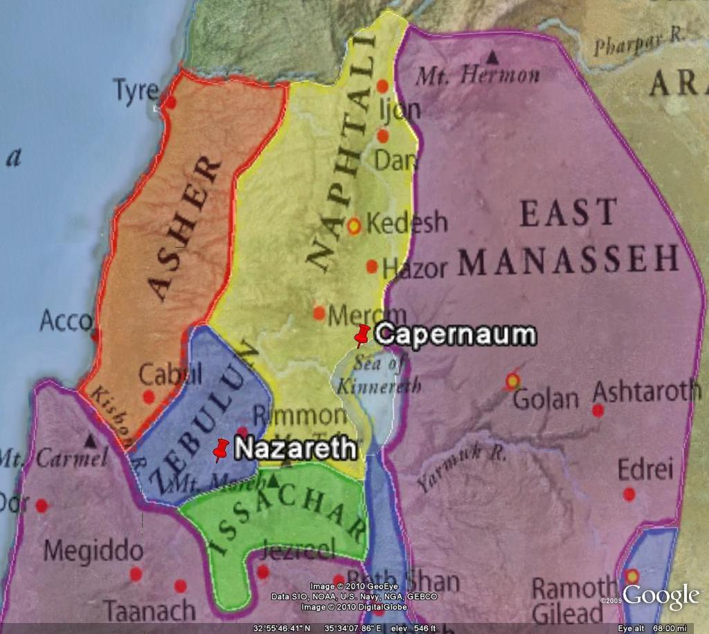 The map on the right shows an overlay of the believed boundaries of the 12 tribes of Israel and the approximate locations of Nazareth and Capernaum during New Testament times.