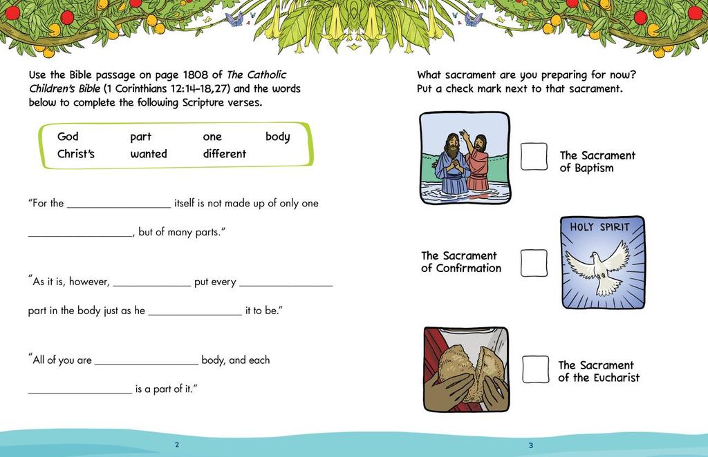 Page 2 (on left) features an activity that relates to content the children are learning about in