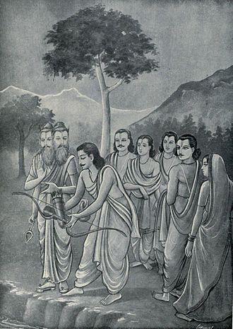 The five brothers, with Draupadi forming the sixth, and a dog forming the seventh, set out on their journey.
