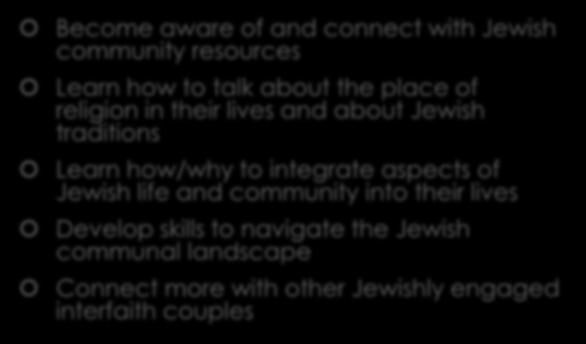 Jewish communal landscape Connect more with other Jewishly engaged interfaith couples Organizations Refer members to interfaith resources Use inclusive language and explicitly