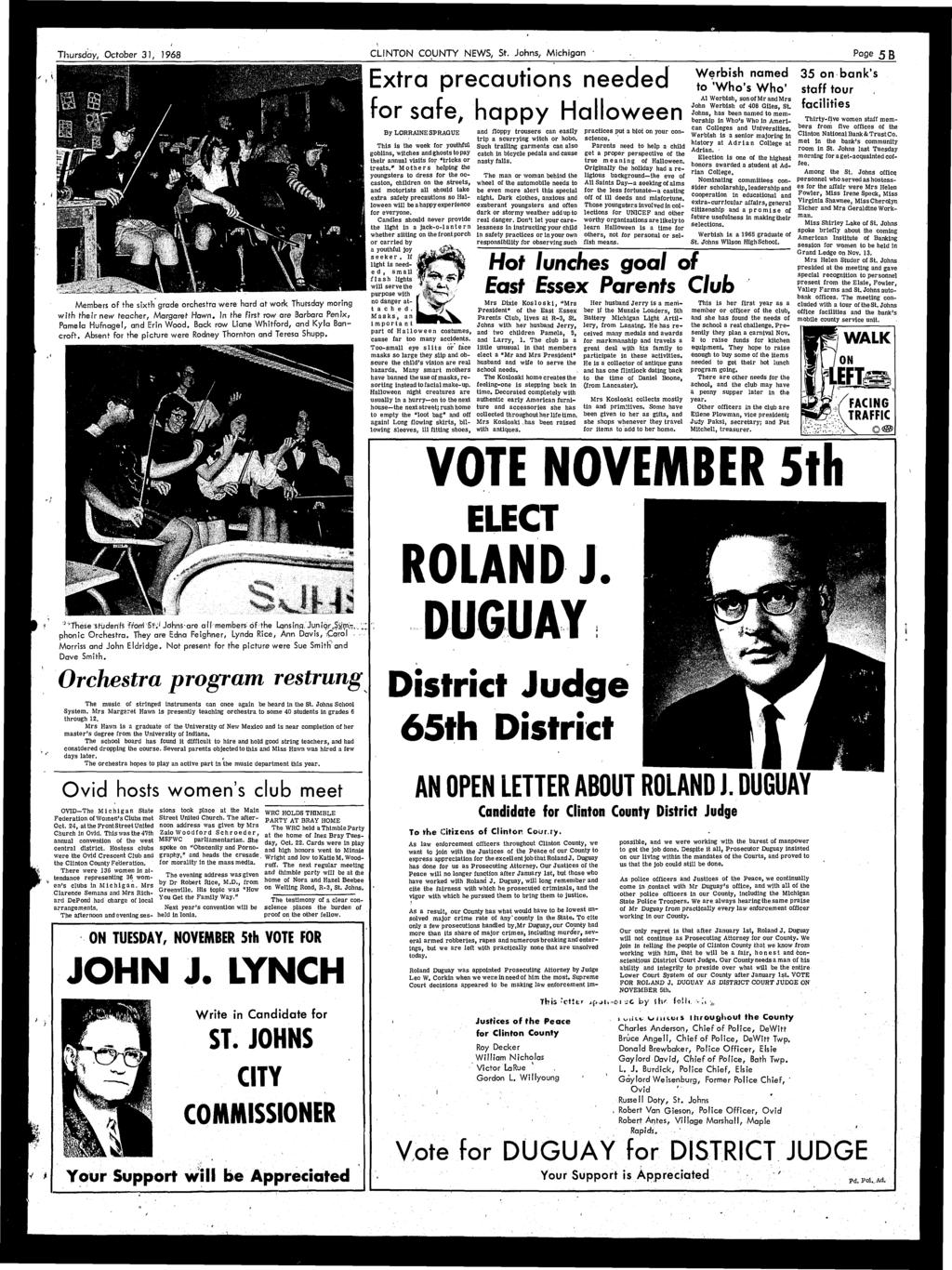 Thursday, October 31, 1968 CLINTON COUNTY NEWS, St. Johns, Mchgan Page 5 B Members of the sxth grade orchestra were hard at work Thursday morng wth ther new teacher, Margaret Hawn.