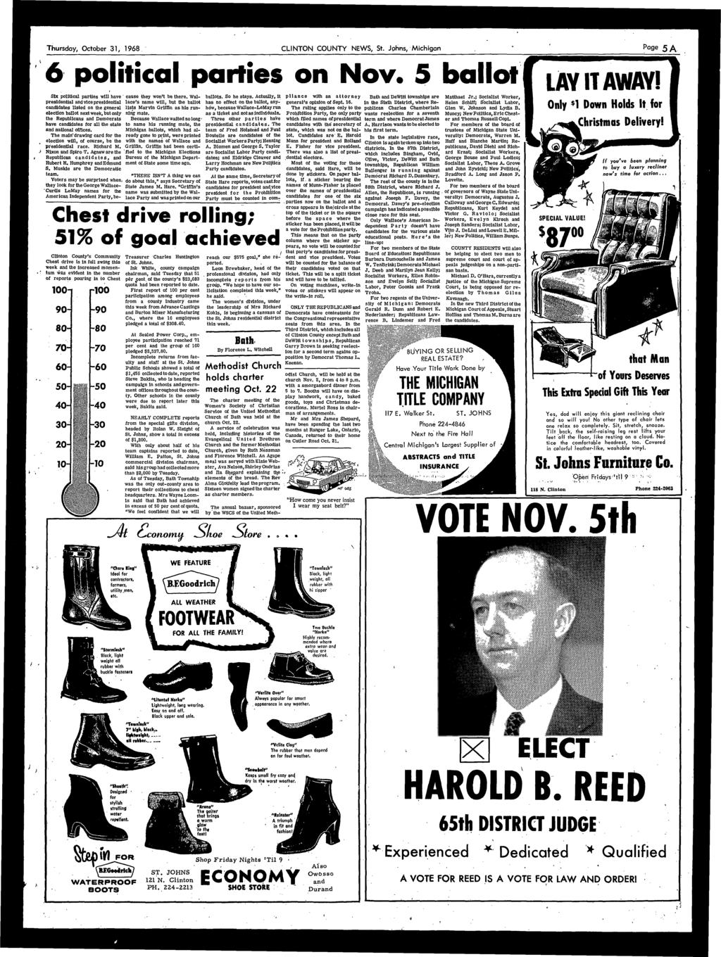 Thursday, October 31, 1968 CLINTON COUNTY NEWS, St. Jphns, Mchgan Page 5 ^ 6 poltcal partes on Nov.
