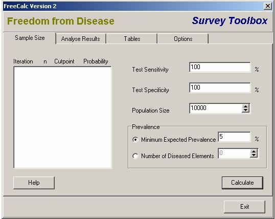 FreeCalc 2 Valimite menüü Tehke topeltklõps FreeCalc ikoonil: Nagu selgub Freedom from Disease (haigusest vaba) menüüst on FreeCalc üks osa Survey Toolbox tarkvarapaketist.