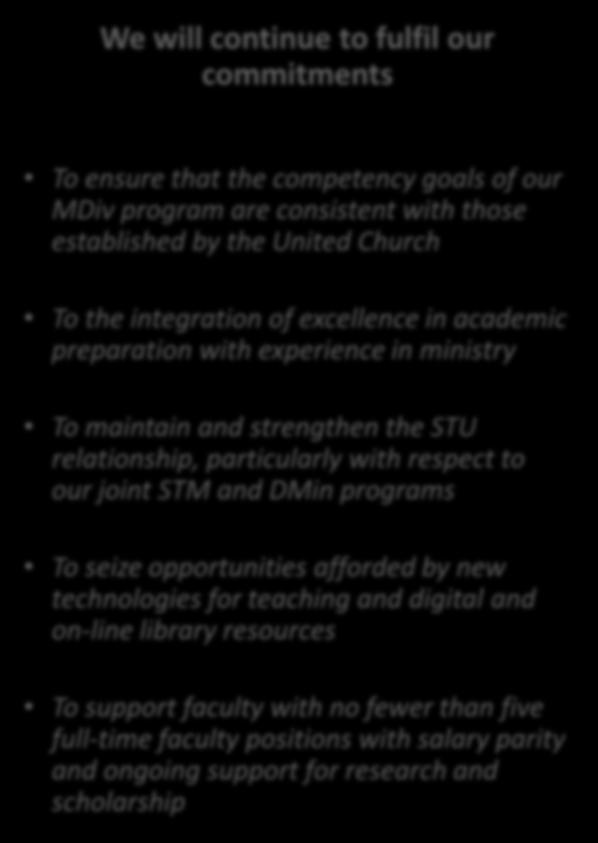 Teaching, Formation & Scholarship To ensure that the competency goals of our MDiv program are consistent with those established by the United Church To the integration of excellence in academic