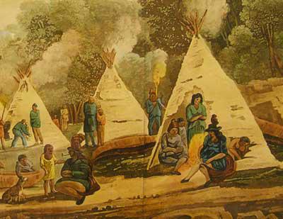In an Encampment of the Domiciliated Indians, he depicted teepees made of bark: Hugh Gray traveled in Canada.