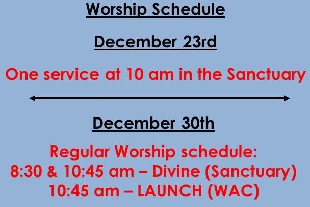 Manabadi Classes (Room 102) 6:00 pm Staff Christmas Party (Offsite) Monday, December 10th 5:30 pm Church Council (Warehouse) 6:00 pm Trustees Meeting (Large Conference Room) 7:00 pm AA Meeting (Room