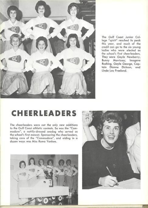 The Gulf Coast Junior College "spirit" reached its peak this year, and much of the credit can go to the six young ladies who were elected as the school's first cheerleaders.