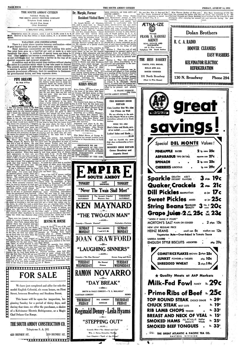 PAGE FOUR THE SOUTH AMBOY CITIZEN FRIDAY, AUQUST 14,1931 THE SOUTH AMBOY CITIZEN Published Weekly By THE SOUTH AMBOY PRINTING COMPANY Telephne Suth Amby 4 211-213 First Street I (Near Bradway) J.