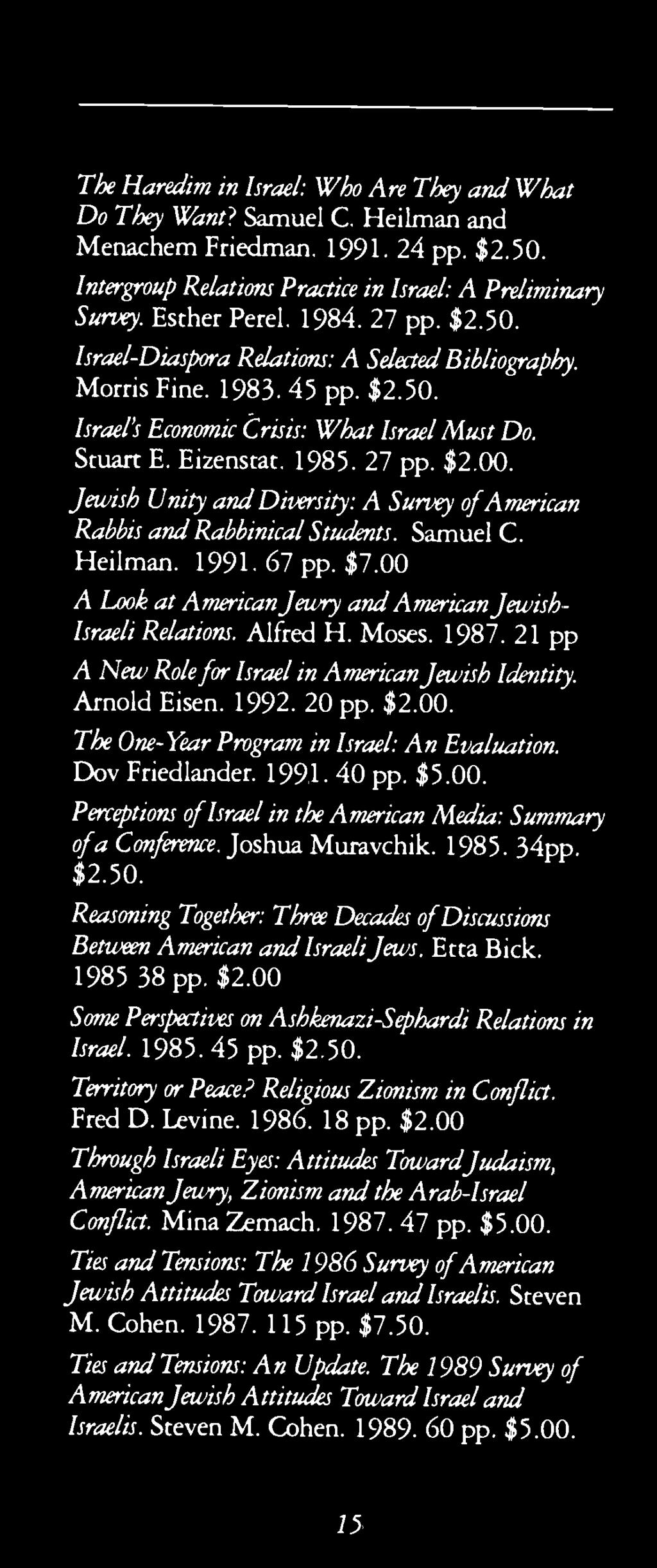 Jewish Unity and Diversity: A Survey of American Rabbis and Rabbinical Students. Samuel C. Heilman. 1991. 67 pp. $7.00 A Look at American Jewry and American Jewish- Israeli Relations. Alfred H. Moses.
