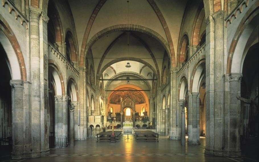 Interior of Sant Ambrogio, Milan, Italy, late 11th to early 12th century The interior is constructed around the groin