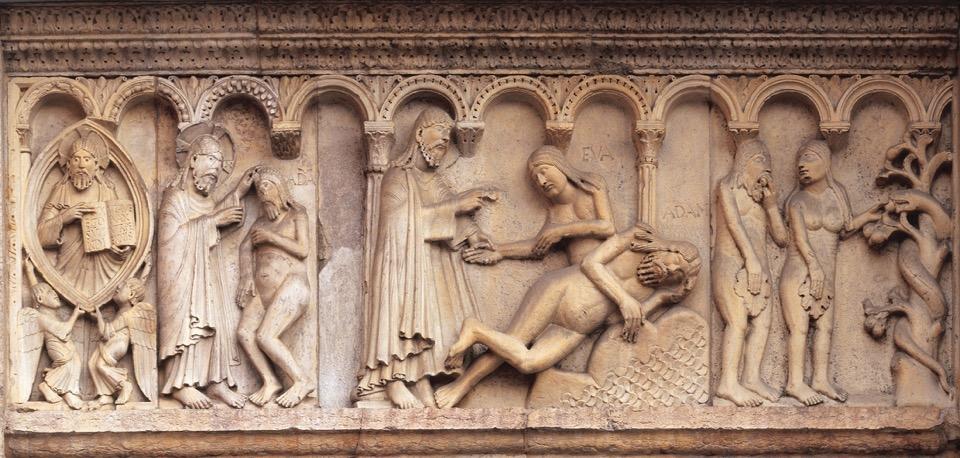 WILIGELMO, creation and temptation of Adam and Eve, detail of the frieze on the west facade, Modena Cathedral, Modena, Italy, ca. 1110.
