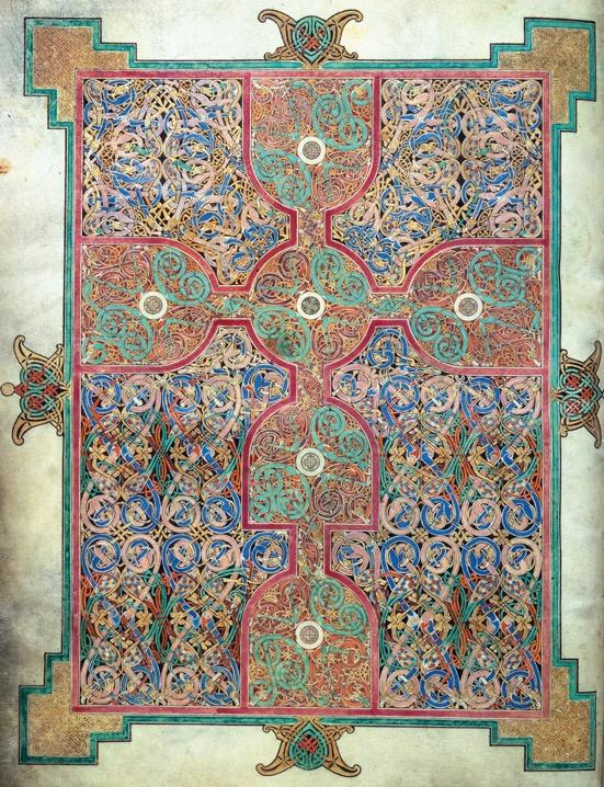Cross-inscribed carpet page, folio 26 verso of the Lindisfarne Gospels, from Northumbria, England, ca. 698 721.