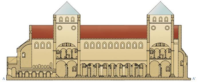 Longitudinal section (top) and plan (bottom) of the abbey church of
