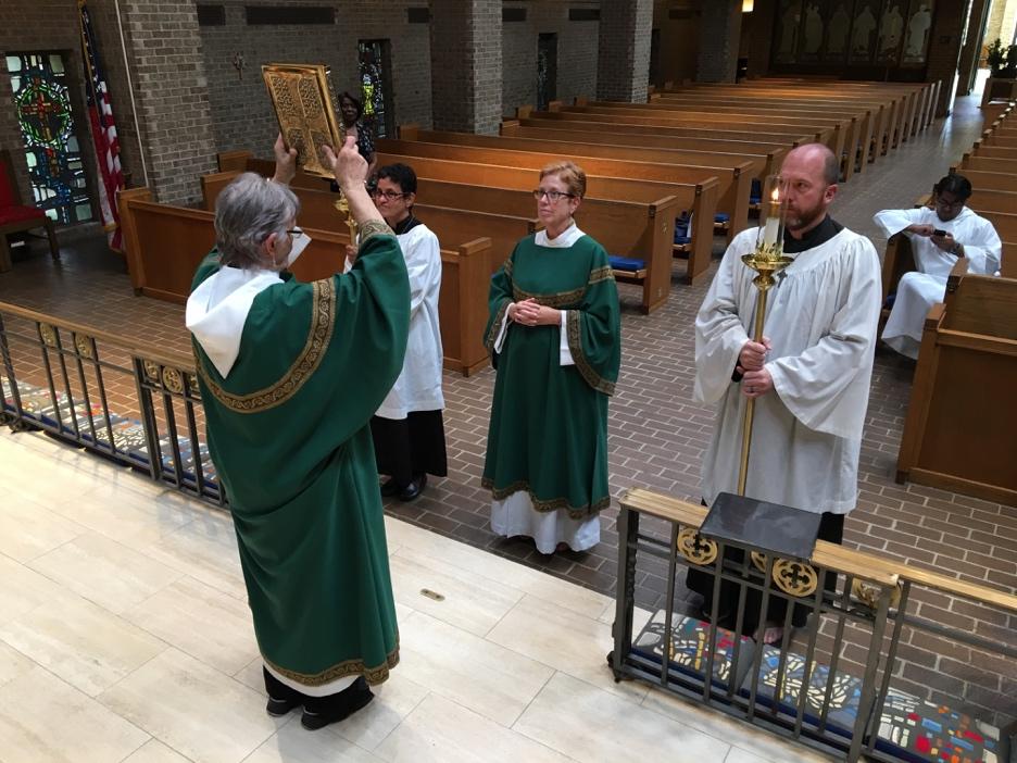 The Deacon moves into Sanctuary and places Gospel Book on the Altar, directly in the center. c. The Preacher then goes to the Ambo. All are seated with the Celebrant sits.