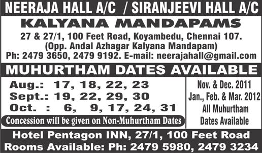 August 13-19, 2011 MAMBALAM TIMES Page 7 SPECIAL CLASSIFIED ADVERTISEMENTS Classified Advertisements under the heads Accommodation Required, Old Age Home, Marriage Hall, Mini Hall,Real Estate (Buying
